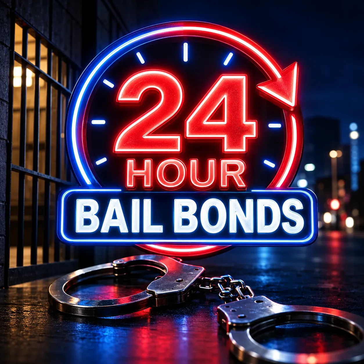 Illuminated 24 hour bail bonds neon sign beside steel handcuffs at night