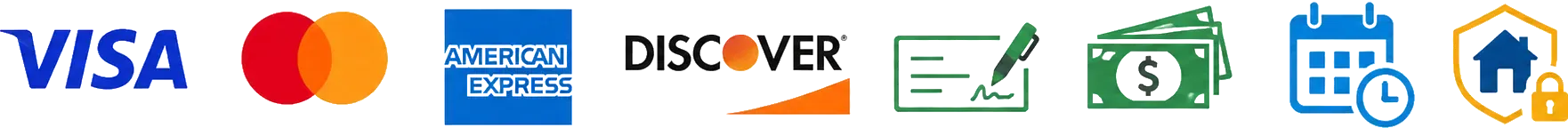 Accepted payment methods including Visa, Mastercard, American Express, Discover, checks, cash and financing