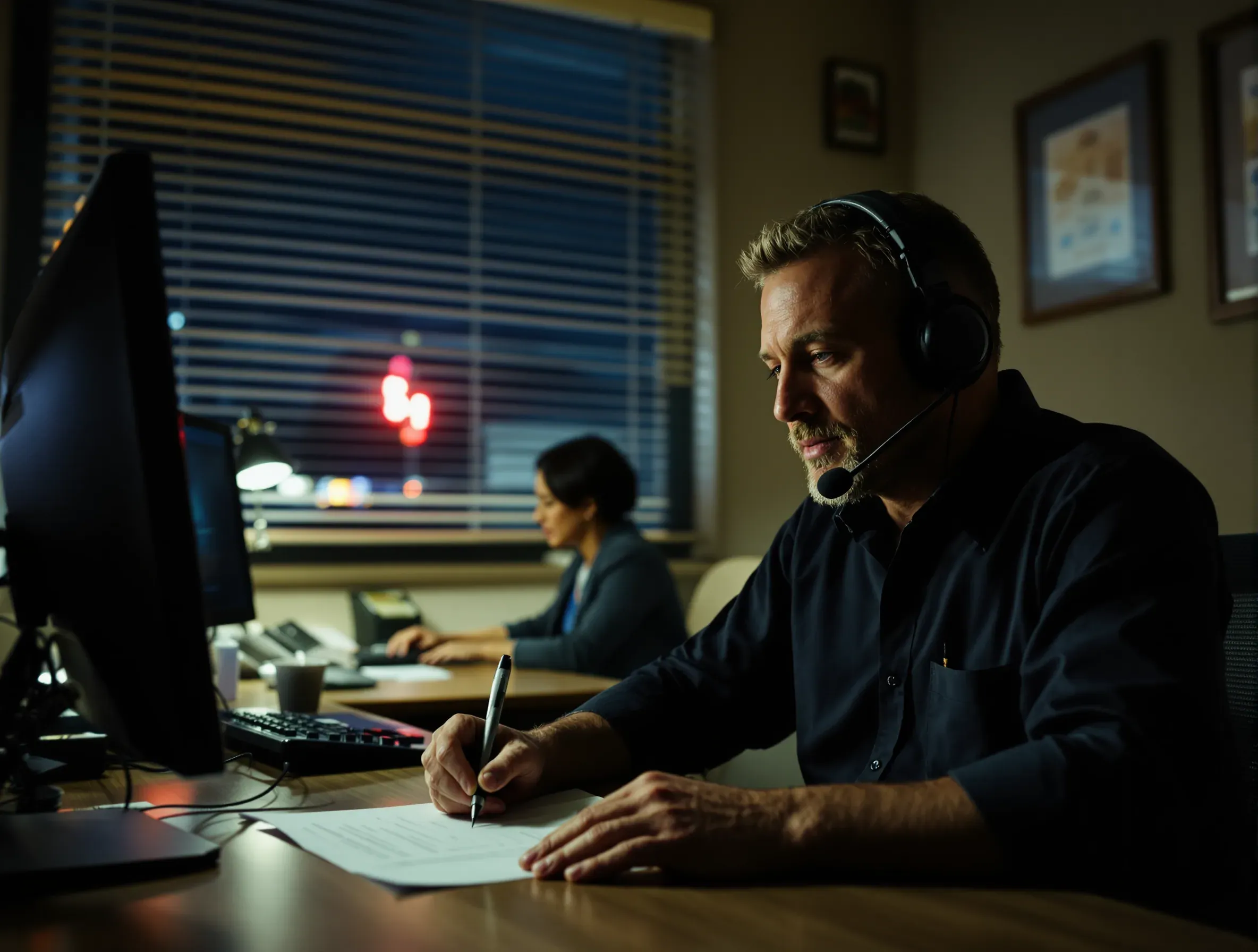 Licensed bail agents taking calls at the Ontario office after midnight