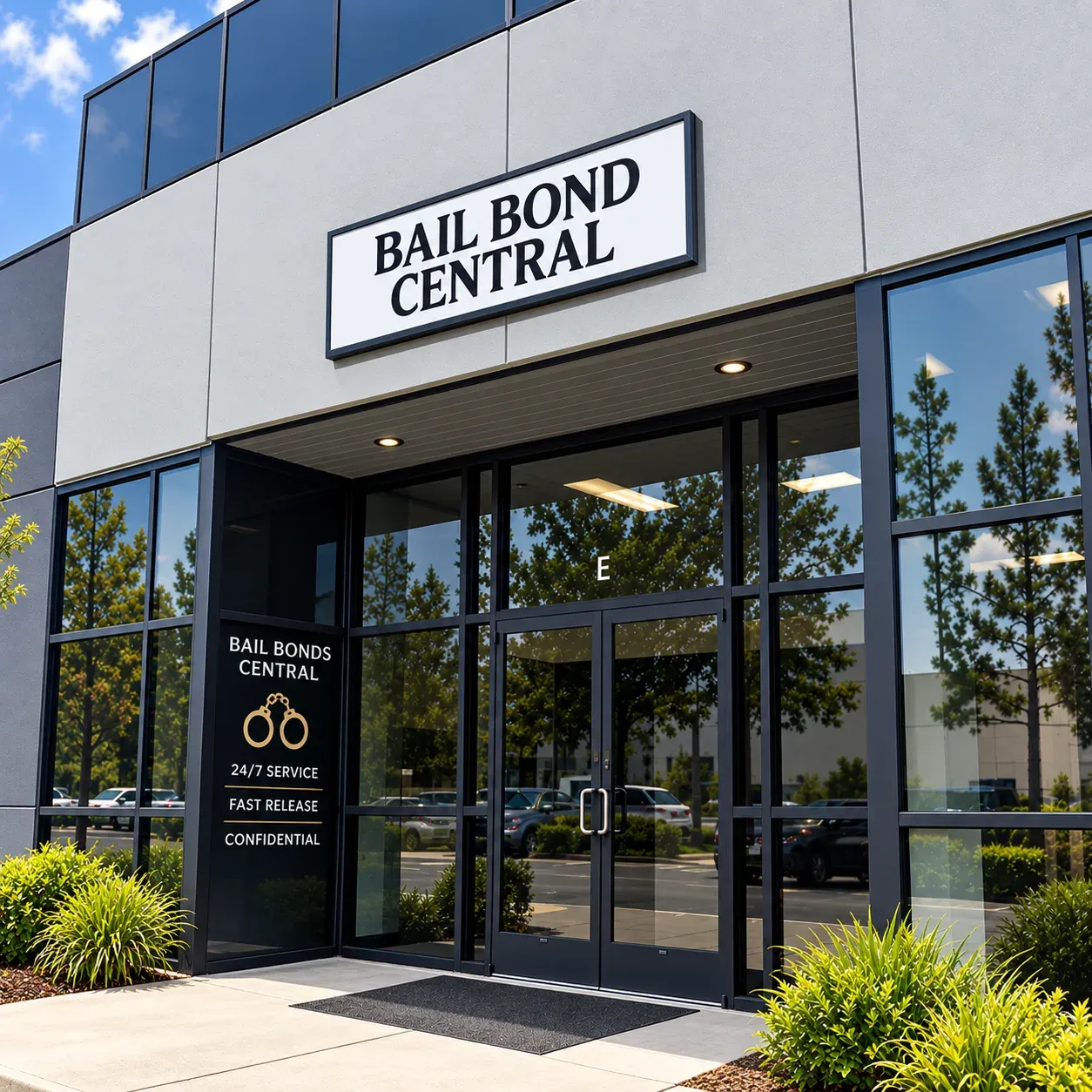 Bail Bond Central office exterior with signage and glass entrance