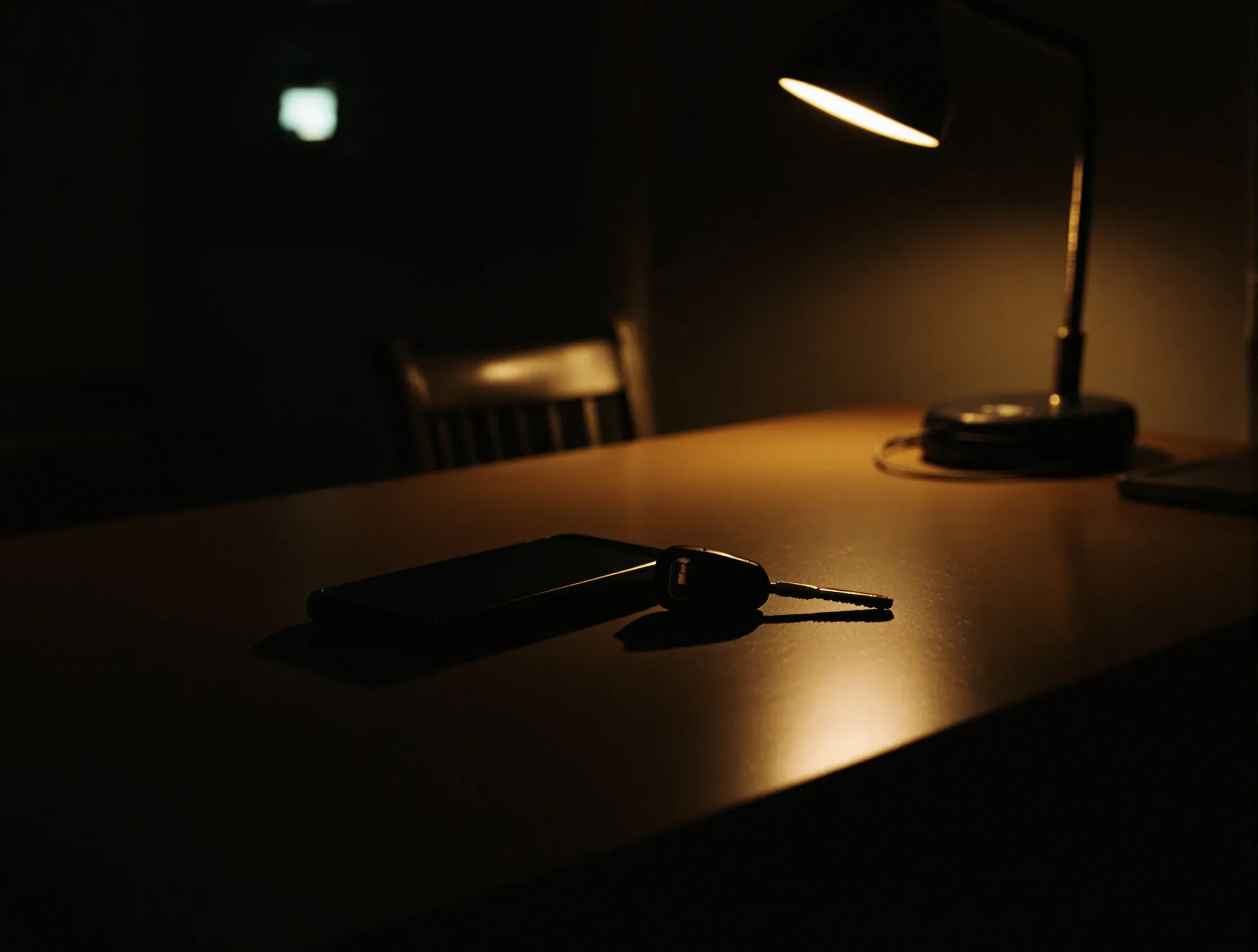 Car keys and a face down phone on a kitchen table lit by one lamp
