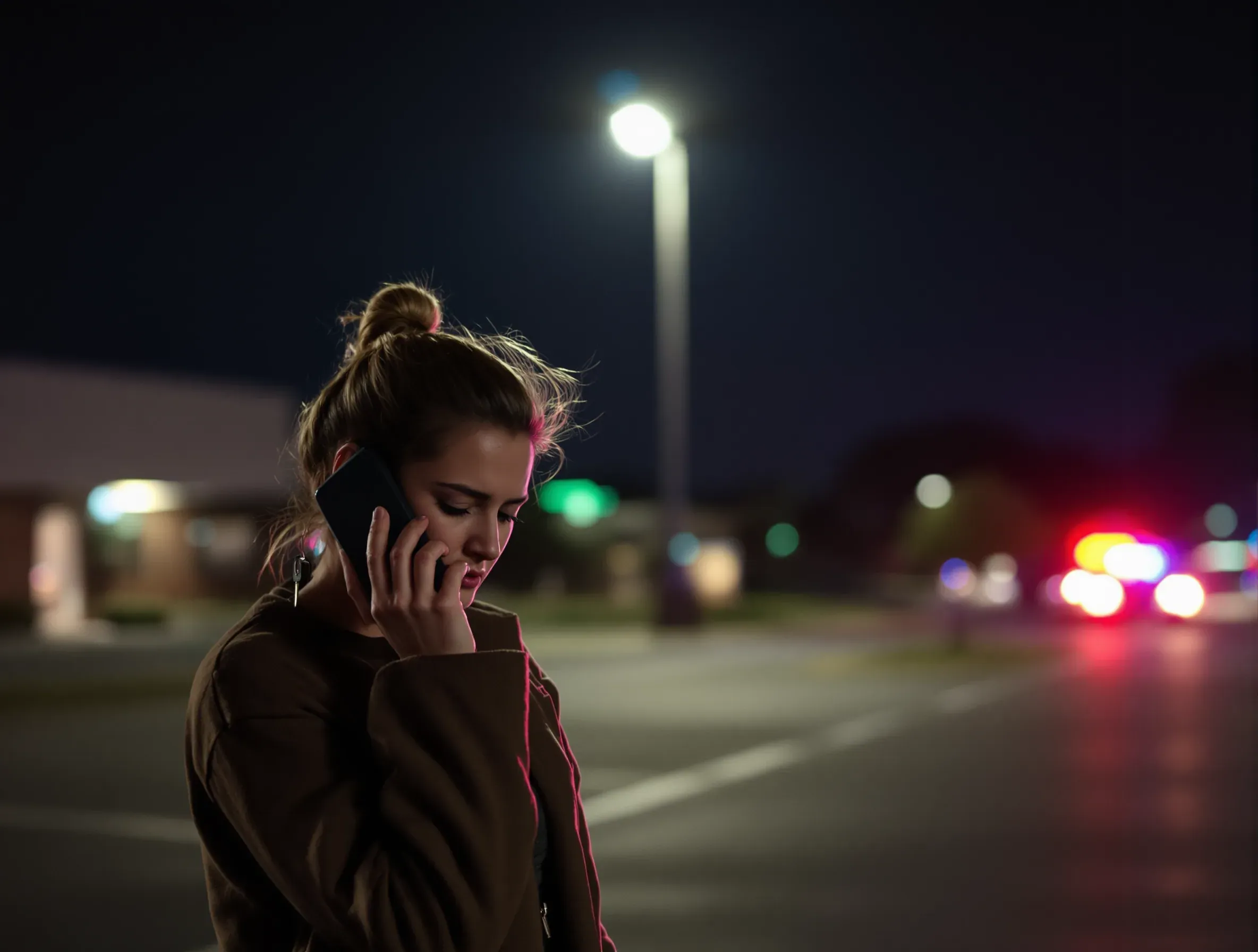 Worried woman on her phone in a dark parking lot outside a county building