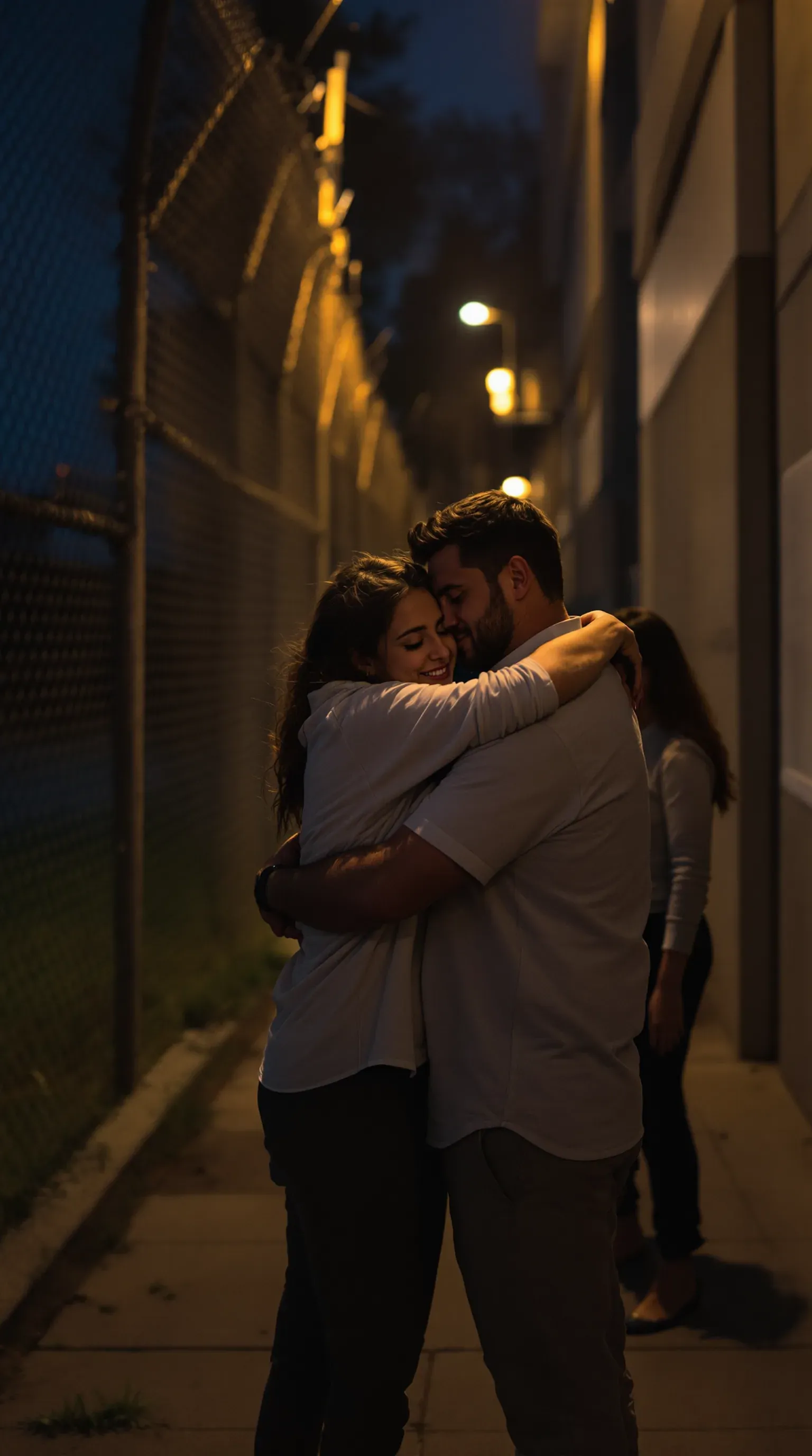 Family embracing a released man on the sidewalk outside a jail at night