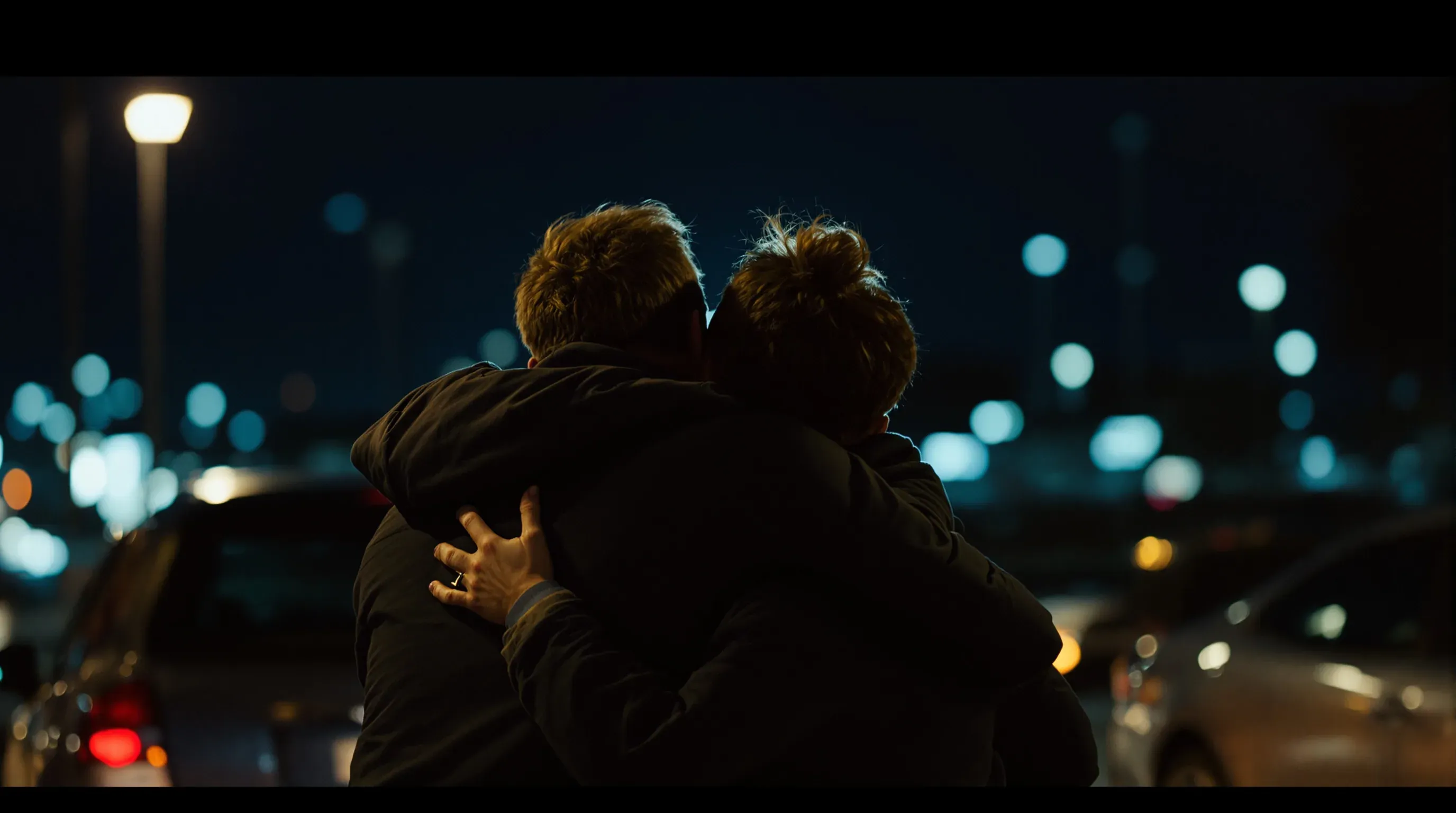 Two family members holding each other in a parking lot at night after bail was posted
