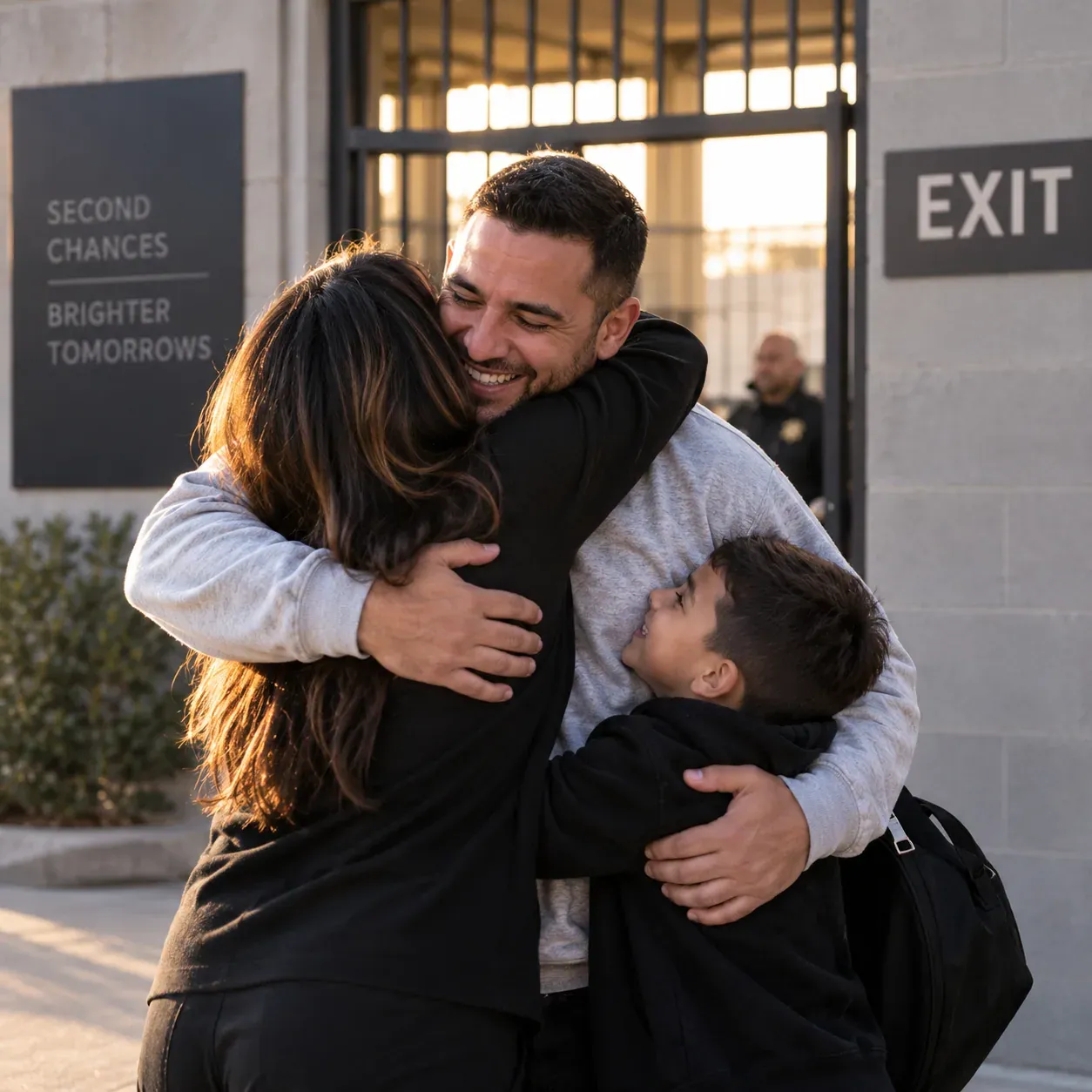 Family embracing a released man outside a jail exit gate at sunset
