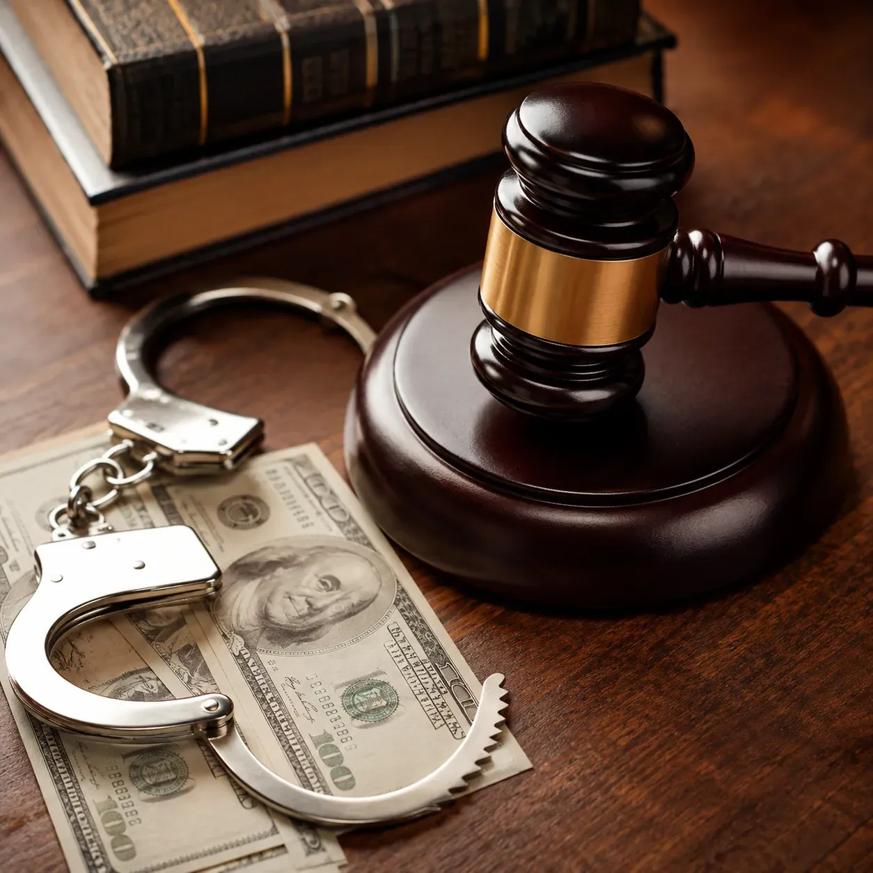 Judge’s gavel, handcuffs and cash resting on stacked law books