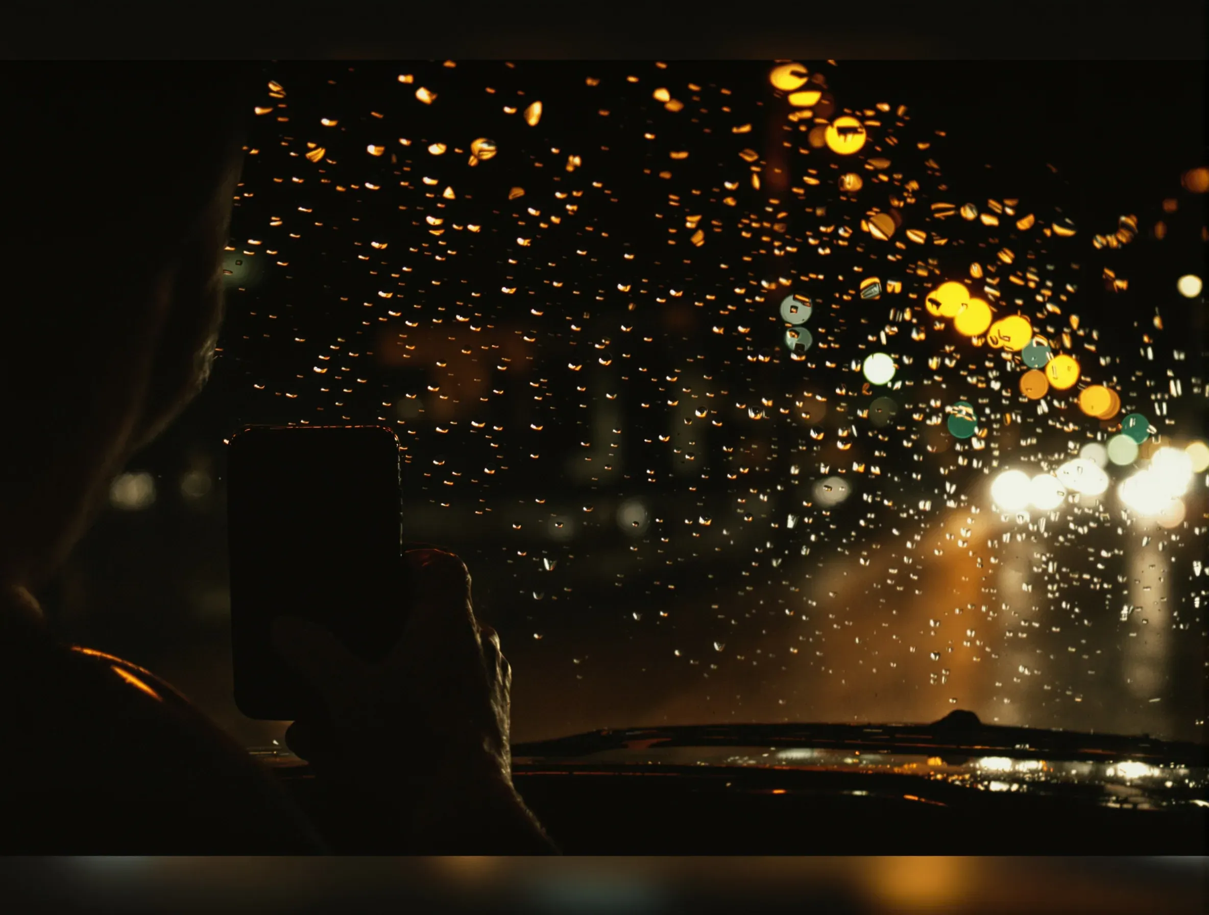 A phone held in one hand inside a parked car at night, rain on the windscreen