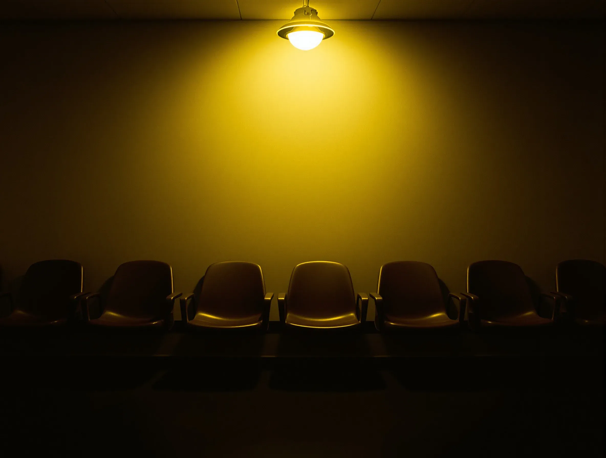 A row of empty moulded waiting room chairs against a plain wall